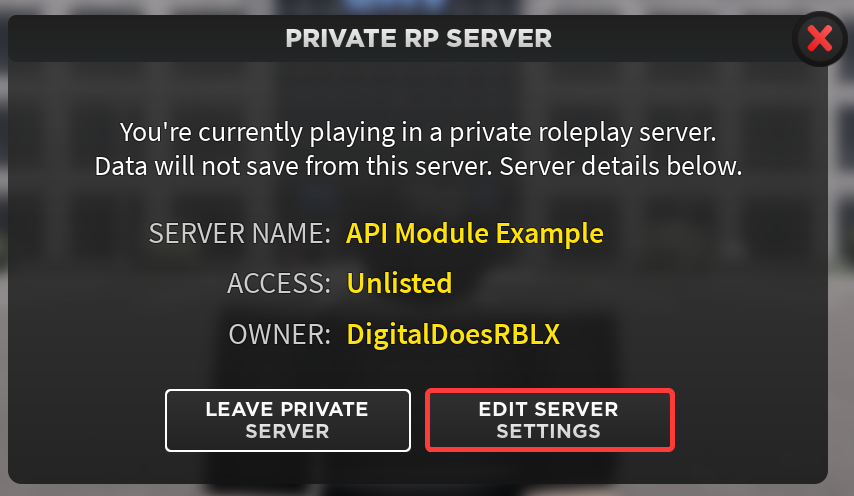 Press &#39;Edit Server Settings&#39; in the Server Info menu